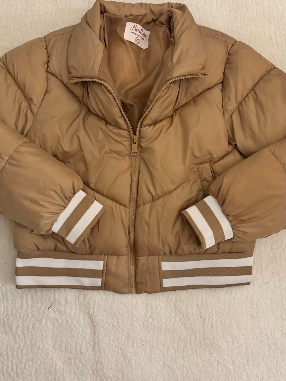 Miss Posh Tan Cropped Puffer Jacket with Striped Trim
